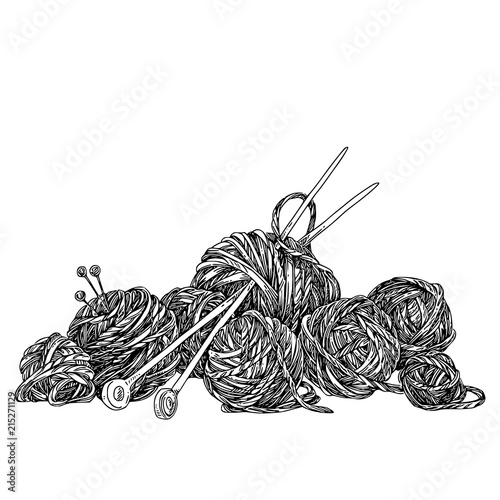 Bunch of balls of yarn and knitting needles. Sketch. Engraving style. Vector illustration.