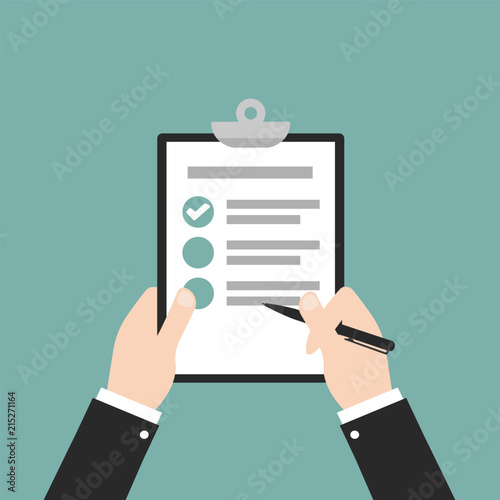 Hand of businessman holding clipboard with sheet of paper and pen. Modern style. Vector illustration. Green background