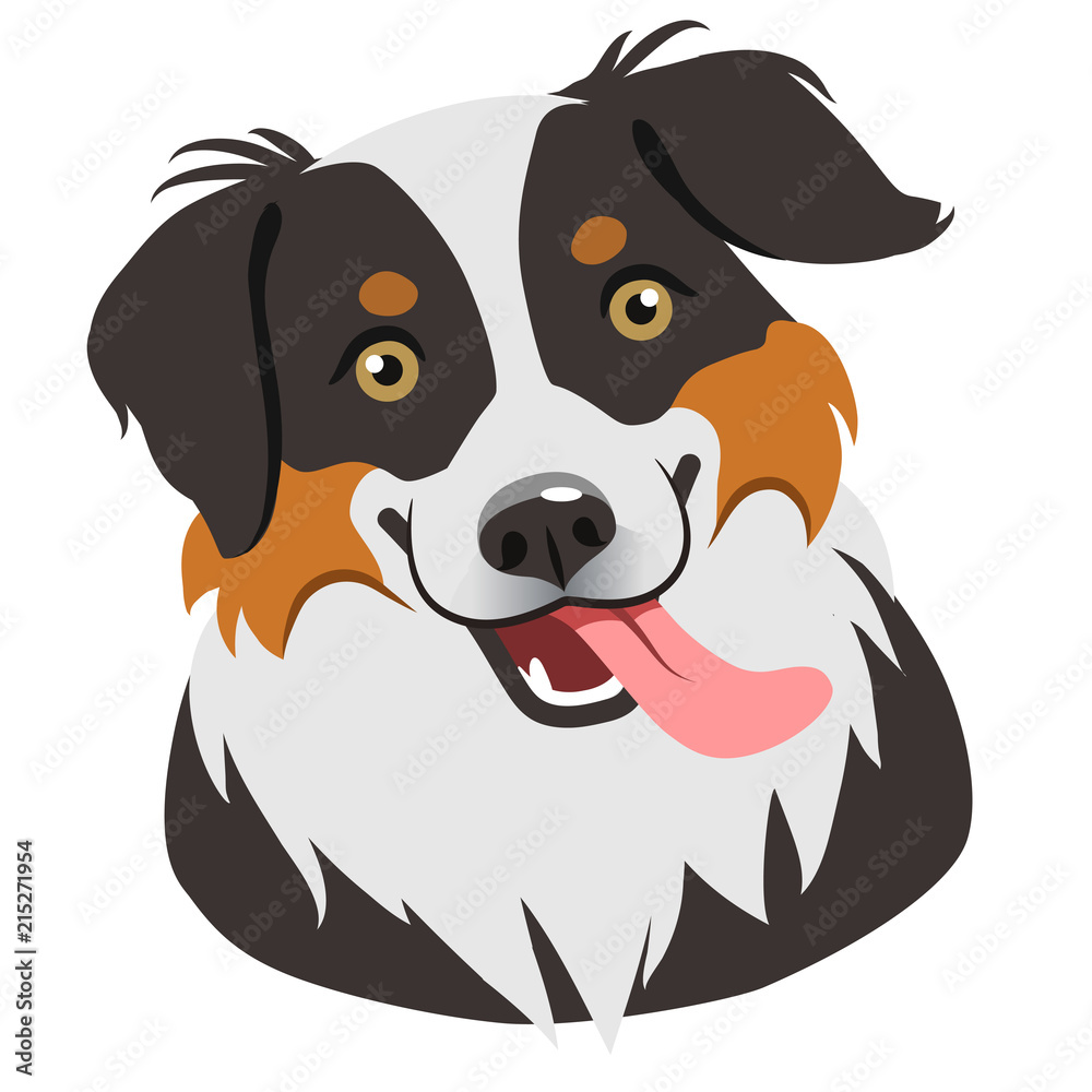 Dog face portrait cartoon illustration. Cute friendly herding dog smiling  with tongue out. Pets, dog lovers, animal themed design element isolated on  white, contemporary flat vector style. Stock Vector | Adobe Stock