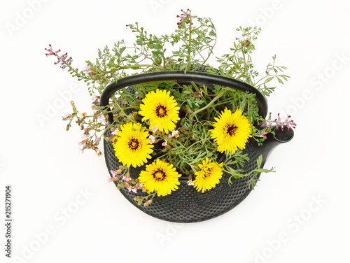 Black tea pot with yellow and pink flowers bouquet on white background. Top view