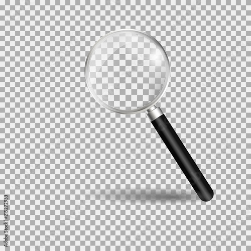 Magnifying glass, loupe with black handle. Gray background. Vector illustration