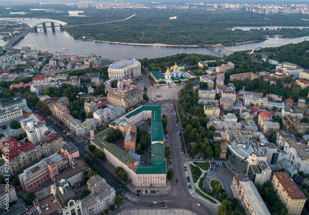 Panoramic Aerial view of Sofievskaya Square and St. Sophia Cathedral and the Dnieper River in the background in Kiev, Ukraine. Tourist Sight. Ukrainian baroque