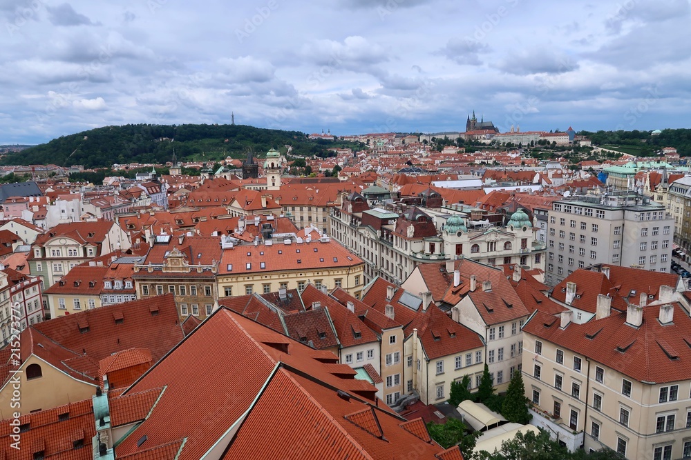 View of red rooftops in old European city of Prague