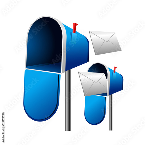Open mailbox with letter on post - blue letterbox with envelope
