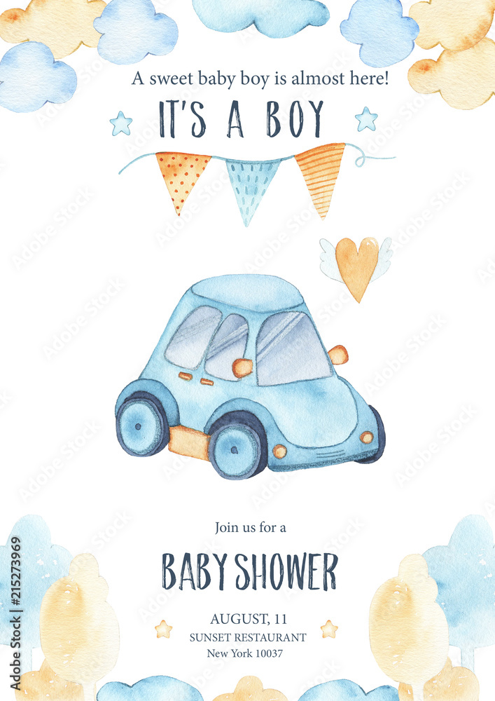 Watercolor its baby boy shower with cute blue car auto garland Stock ...