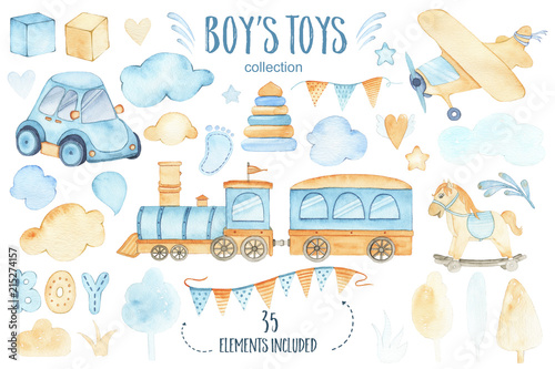 Quadro su tela Watercolor boys toys baby shower set with car airplane train garland and trees c