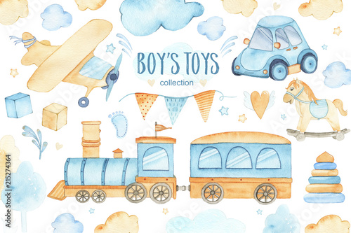 Watercolor boys toys baby shower set with car airplane train garland and trees clouds