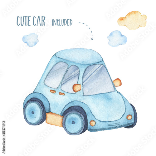 Watercolor cute blue car auto toy for baby boy kid photo