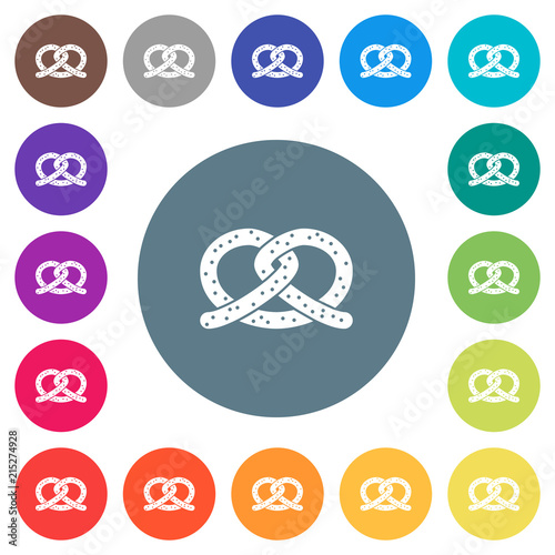 Salted pretzel flat white icons on round color backgrounds