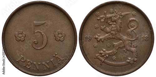 Finland Finnish Suomi coin 5 five penny 1918, digit of face value flanked by floral rosettes, lion with sword divides date, sheath below,  photo