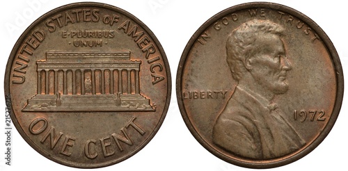 United States coin 1 one cent 1972, Lincoln Memorial, face value below, bust of Lincoln right,