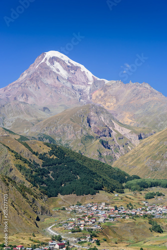 Mount Kazbegi is a popular natural attraction and Stepantsminda (Kazbegi) village, Georgia