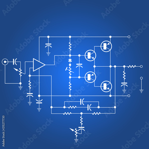 Electric circuit or electrical network on blue background