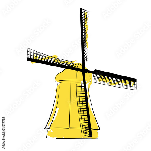 Watercolor yellow windmill on white background.