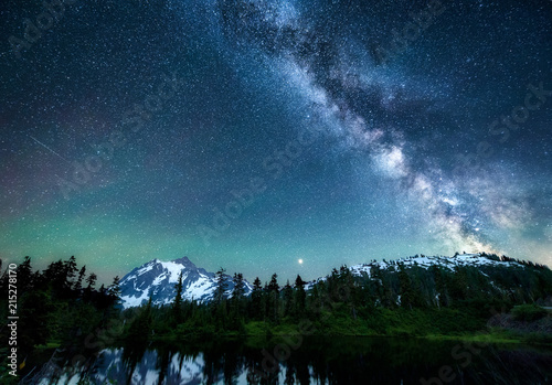 The Milky Way, meteors and Northern Lights above Mount Shuksan reflected in Highwood Lake, Mount Baker-Snoqualmie National Forest, Washington State