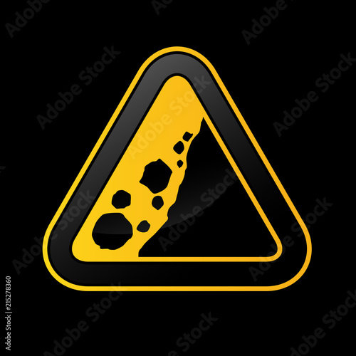 Rockfall triangular traffic sign on black background - rockslide icon