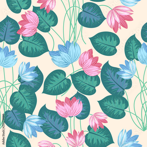 Tropical leaves and flowers seamless pattern  vector