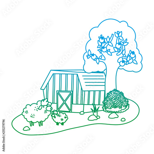 degraded line house farm with sheeps animals and tree