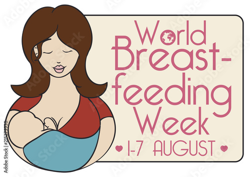 Mother with her Baby and Greeting Sign for World Breastfeeding Week, Vector Illustration