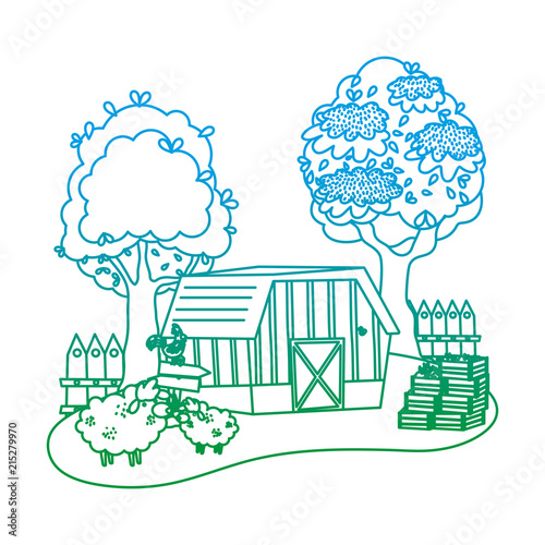 degraded line house farm with sheeps and rooster animals