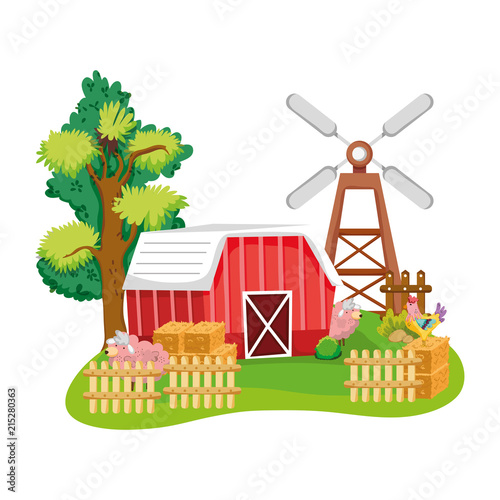 house farm with wood grillage and sheeps
