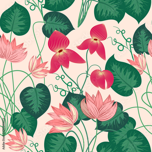 Tropical leaves and flowers seamless pattern  vector