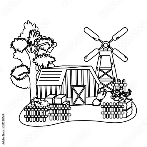 line house farm with wood grillage and sheeps