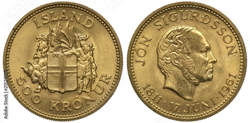 Iceland Icelandic golden coin 500 five hundred kronas, subject 150th Anniversary birth of  Jone Sigurdsson, shield with cross supported by bull, griffin, dragon and Viking, head of Jone Sigurdsson rig photo
