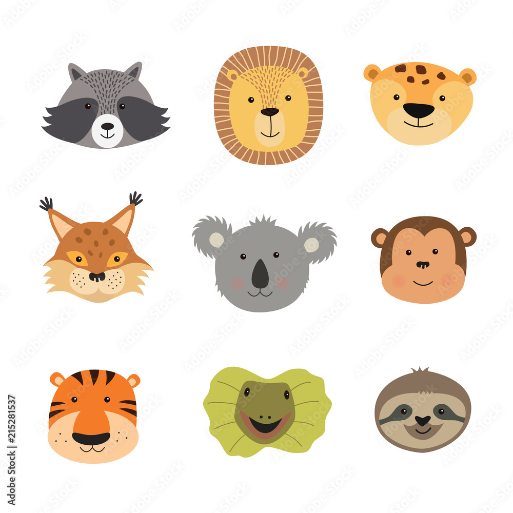 Obraz Ilustracja wektorowa zwierząt twarze, w tym tygrys, lew, jaguar, jaszczurka, lenistwo, małpa, koala, ryś, szop