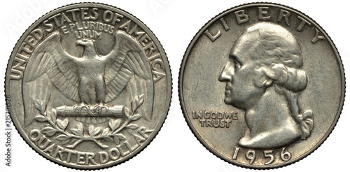United States silver coin quarter dollar 1956, eagle with extended wings, laurel branch below, George Washington head left, silver,