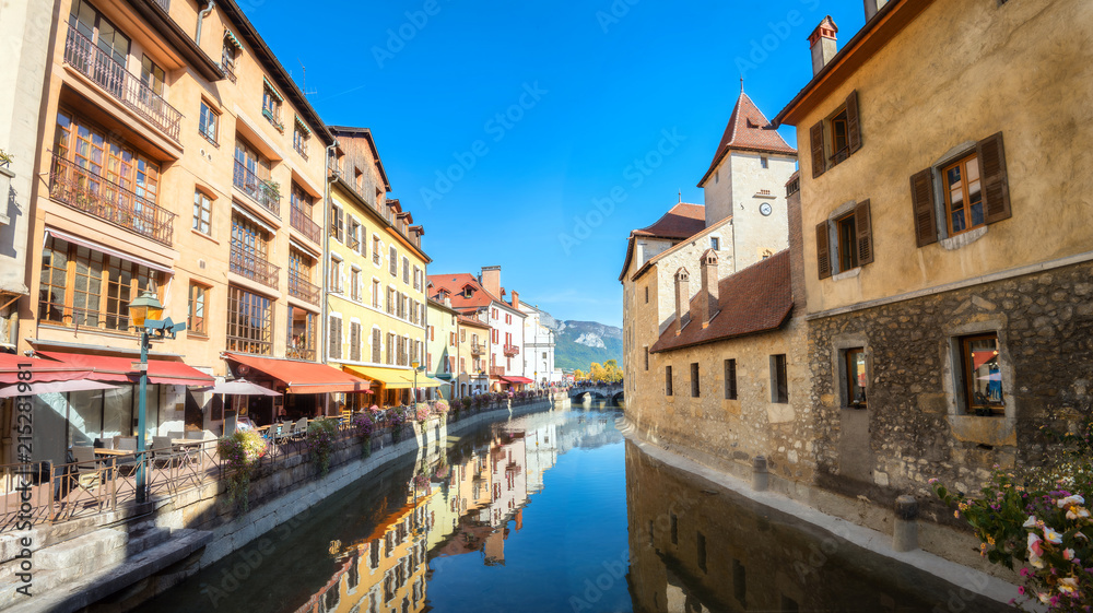 Thiou canal and  Palais de l'Isle in old town of Annecy. France