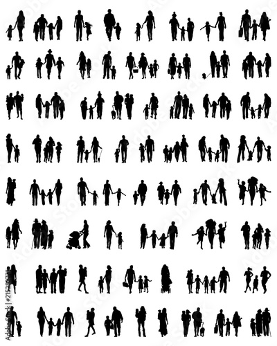 Silhouettes of families at walking on a white background