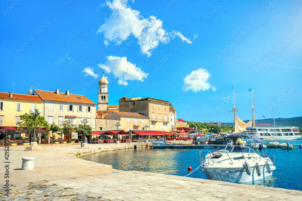 Fototapeta premium Seafront and quay of mediterranean coastal old town Krk. Island Krk, Croatia