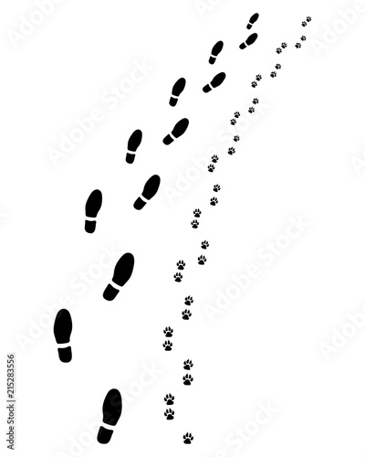 Footprints of man and dog, turn right, vector