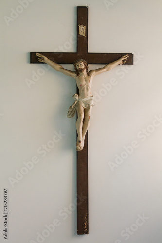 Pavia, Italy. 13 February 2017. Jesus Christ on the cross in the canteen of Ospedale Policlinico San Matteo (Saint Matthew Hospital) in Pavia.