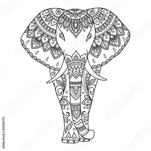 African elephant decorated with Indian ethnic floral vintage pattern. Hand drawn decorative animal in doodle style. Stylized mehndi ornament for tattoo, print, cover, book and coloring page.