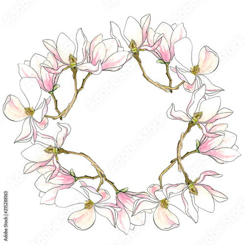 Wreath of magnolias. Pink flowers, watercolor is isolated on white background.