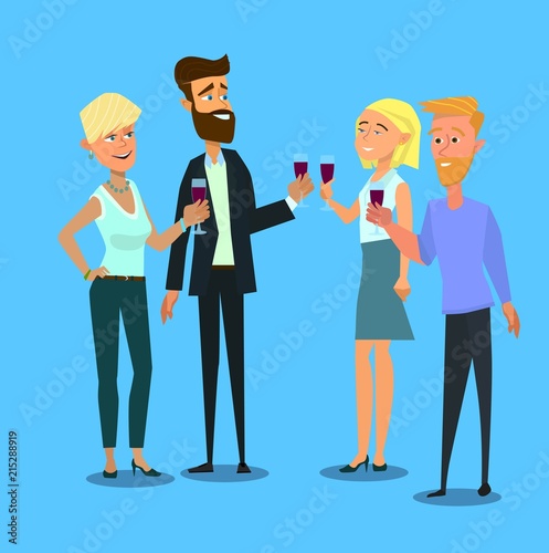 Business employees man, woman drinking wine on corporate party meeting clinking wine glasses.