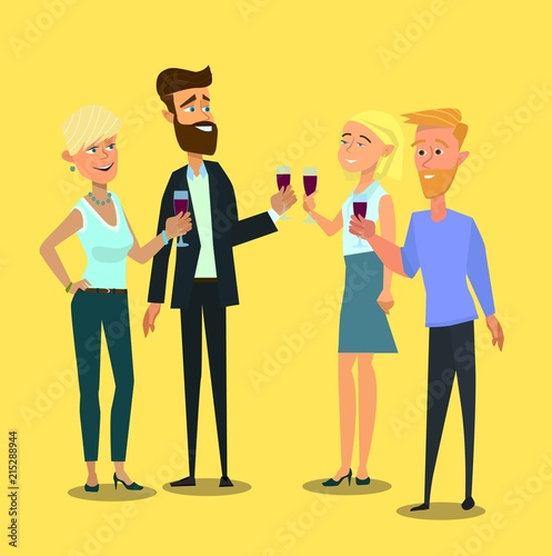 Business employees man, woman drinking wine on corporate party meeting clinking wine glasses.