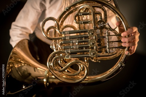 Schoolgirl playing french horn in music school photo