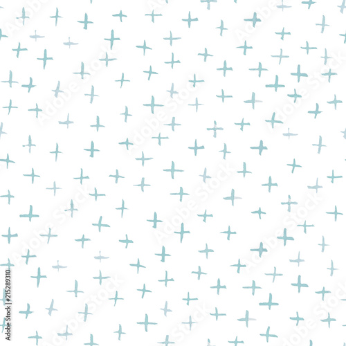 White seamless pattern illustration with watercolor blue crosses. Will be good for decor a postcard, posters,gift decor, wrapping paper, gift boxes, fabric and etc.