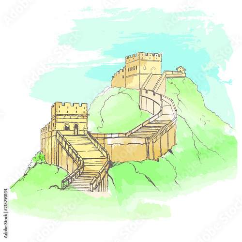 The Great Wall of China in sketch style.Vector illustration.Watercolor chinese historical showplace for print, souvenirs, postcards, t-shirts, decoration, picture.