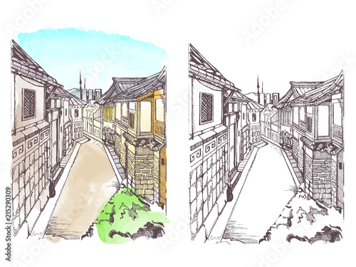 Old town street of Seoul in sketch style.Korea.Watercolor Korean historical showplace for print, souvenirs, postcards, t-shirts, decoration, picture.