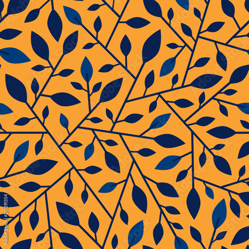 Seamless geometric floral pattern with blue branches and leaves