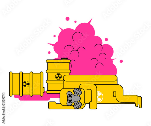 Explosion of radioactive waste. Yellow barre toxic. Dead Yellow Suit Chemical Biohazard protection. Costume Radioactive and biological hazard. Vector illustration