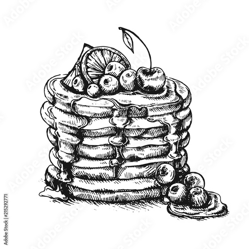 Vector vintage pancake drawing. Hand drawn monochrome food illustration. Great for menu, poster or label.Sketch of Pancakes with berries and maple syrup.