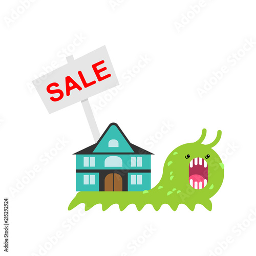 Snail selling house. Slug Home sale. Vector illustration