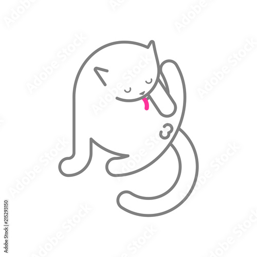 Cat licks itself isolated. Pet Vector illustration