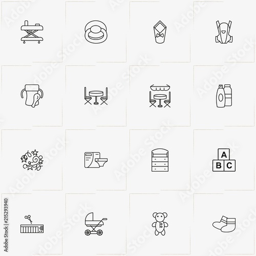 Baby Care line icon set with baby bear toy, baby stroller and baby synthesizer