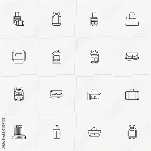 Bags line icon set with lady bag, check baggage and backpack